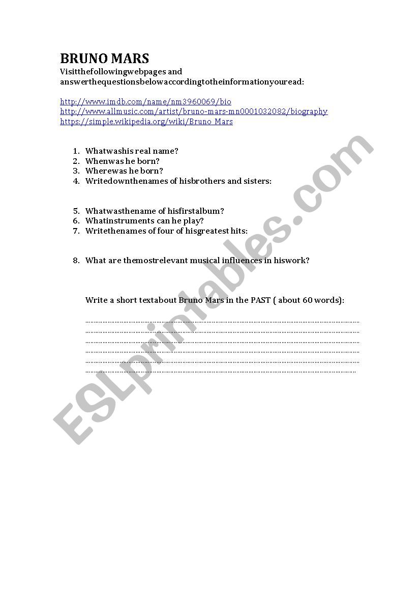 BRUNO MARS WEBQUEST worksheet