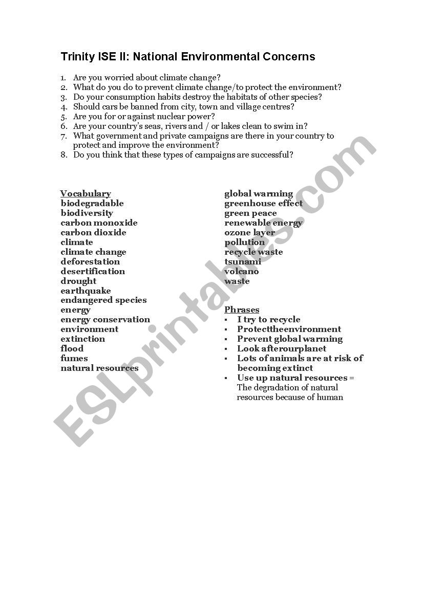 VOCABULARY ENVIRONMENT worksheet