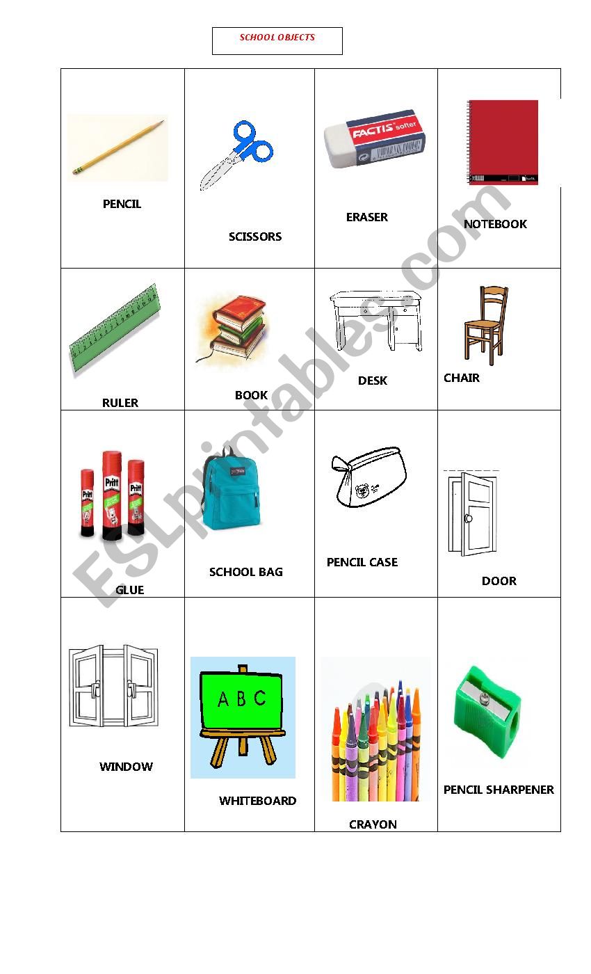 school objects worksheet