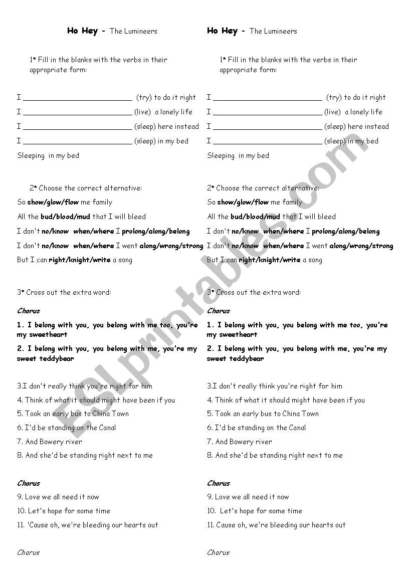 Song Worksheet - Ho Hey The Lumineers