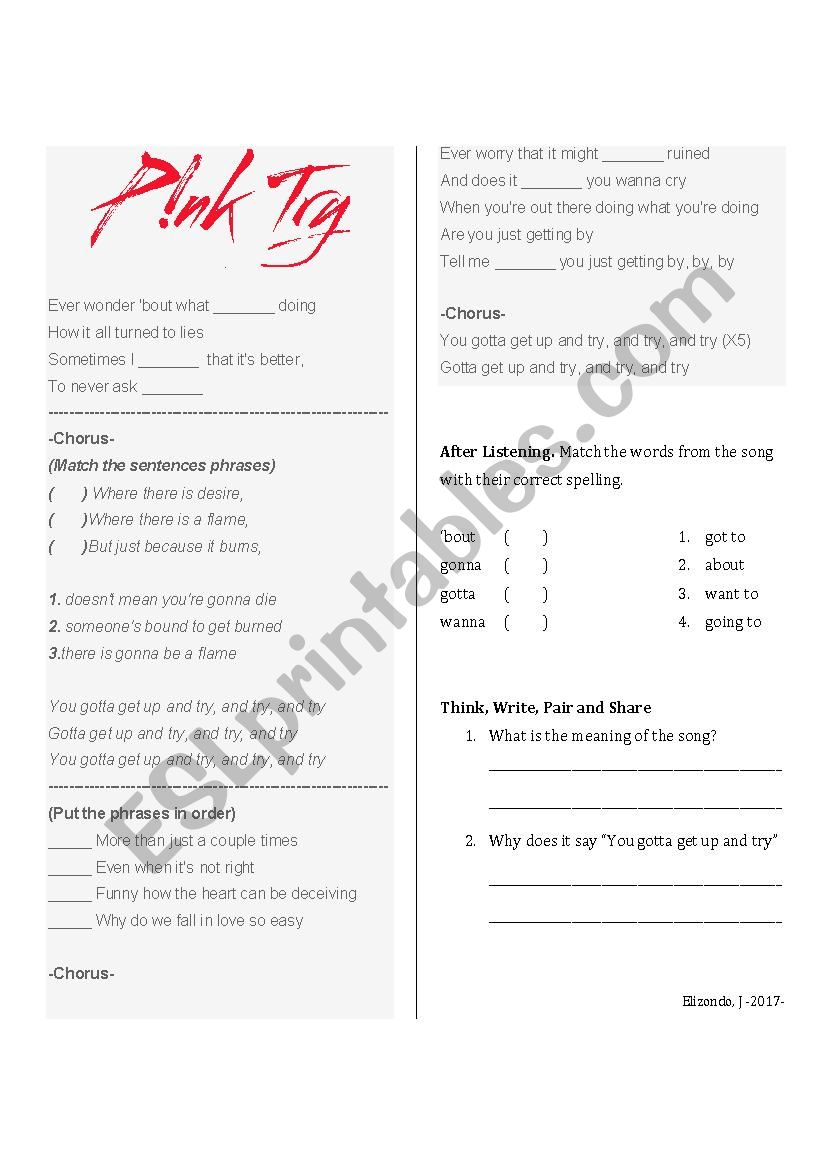 P!nk- Try worksheet