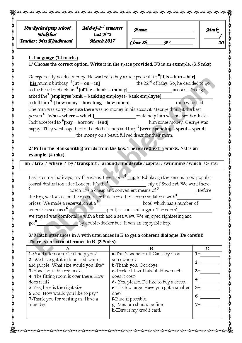 Mid-of-2nd semester test n2 8th form