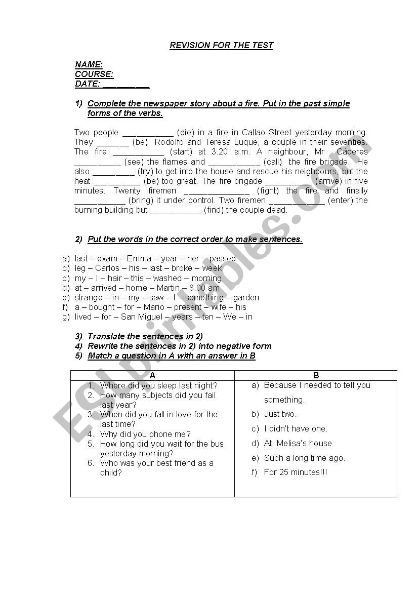 Simple Past - Revision for the test