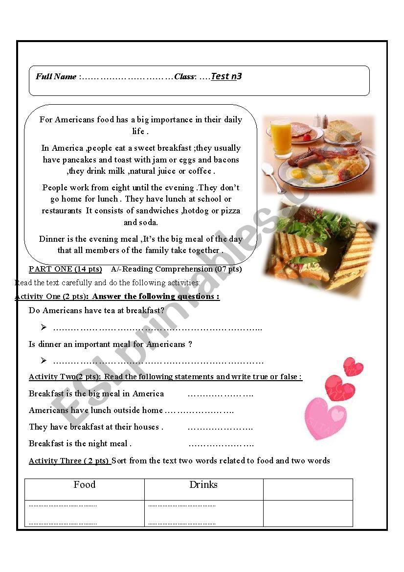 Test about food  worksheet