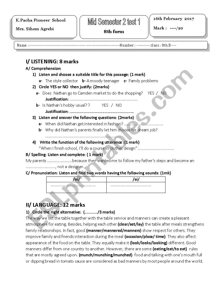 mid-term 2 test 8th form worksheet