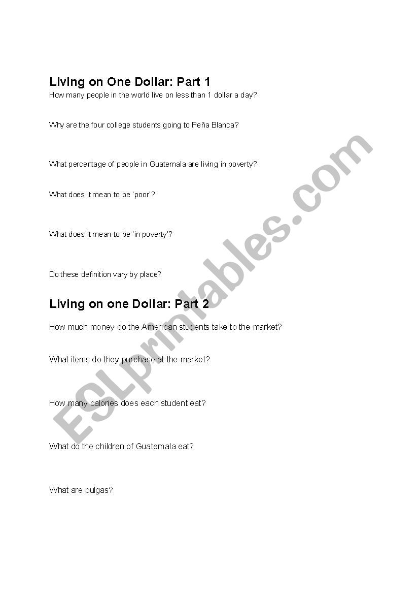 Questions for documentary Living on One Dollar a Day