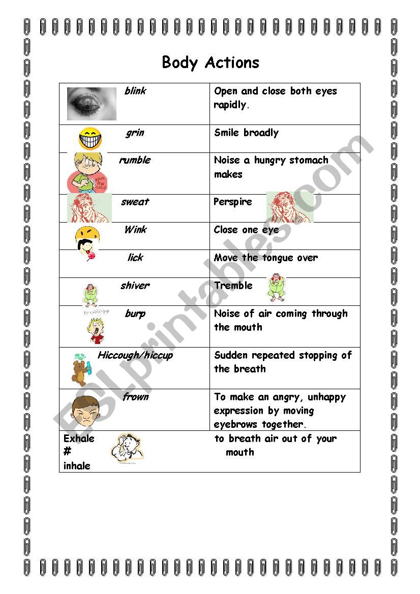 body actions worksheet