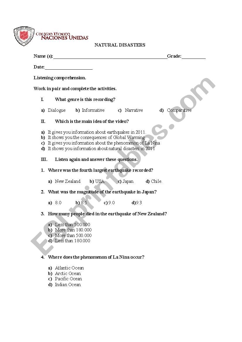 Natural disasters listening activity