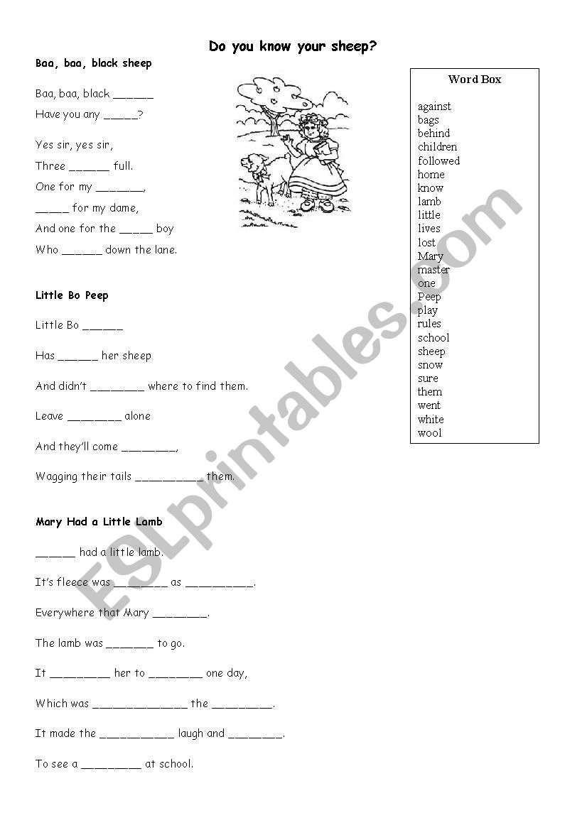 Three Sheep Songs worksheet