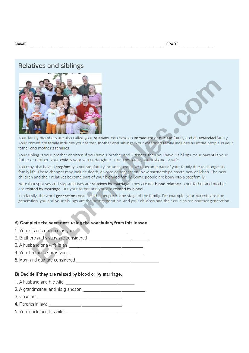 relatives and siblings worksheet