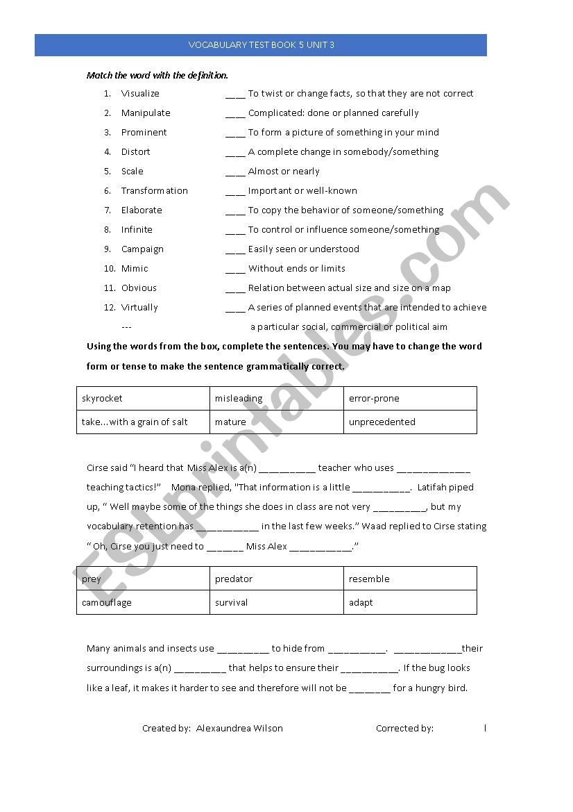 Vocabulary quiz Book 5 Unit 3.1