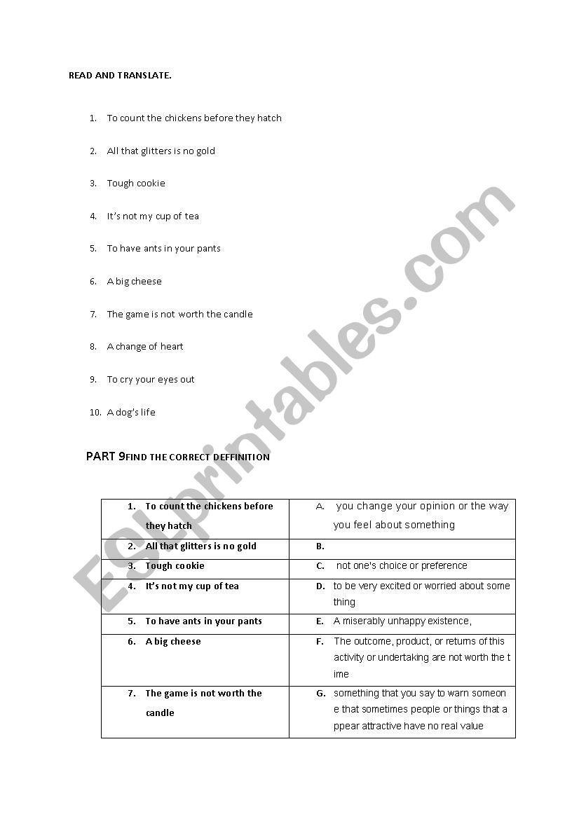 10 ENGLISH IDIOMS - PART NINE worksheet