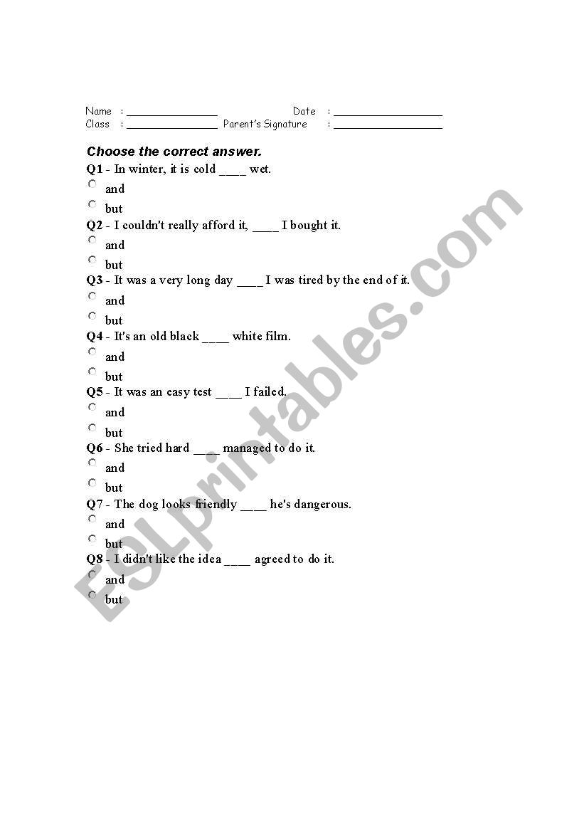 And or But worksheet