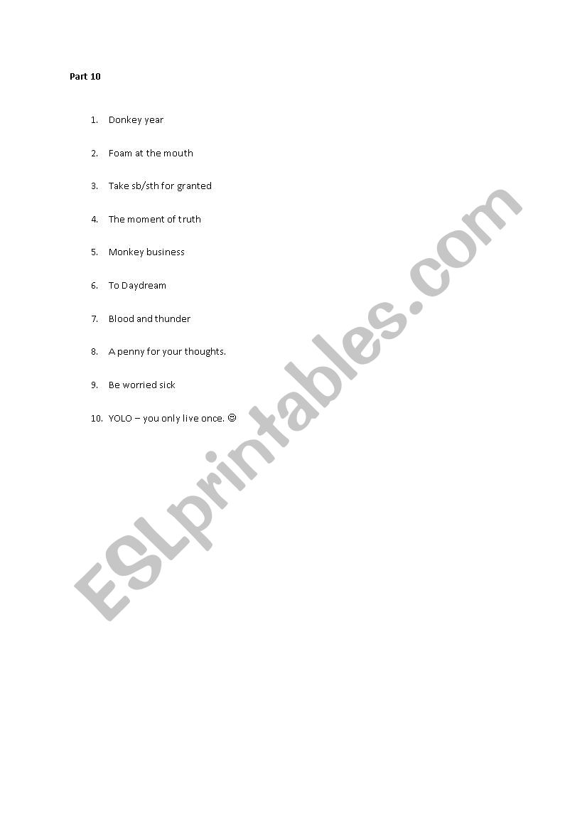 10 ENGLISH IDIOMS - PART TEN worksheet