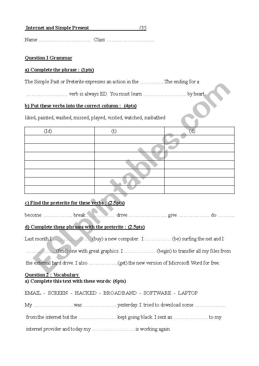 Internet and past tense test worksheet