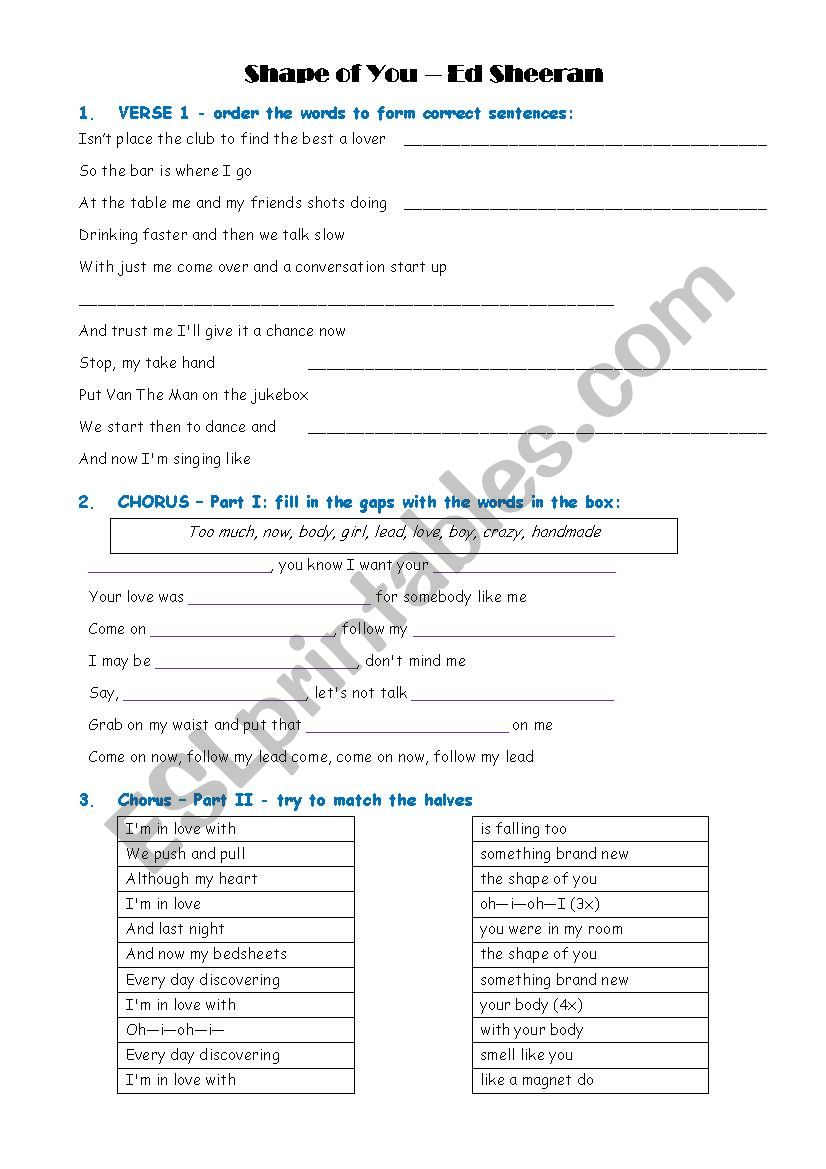 Ed Sheeran - Shape of you worksheet