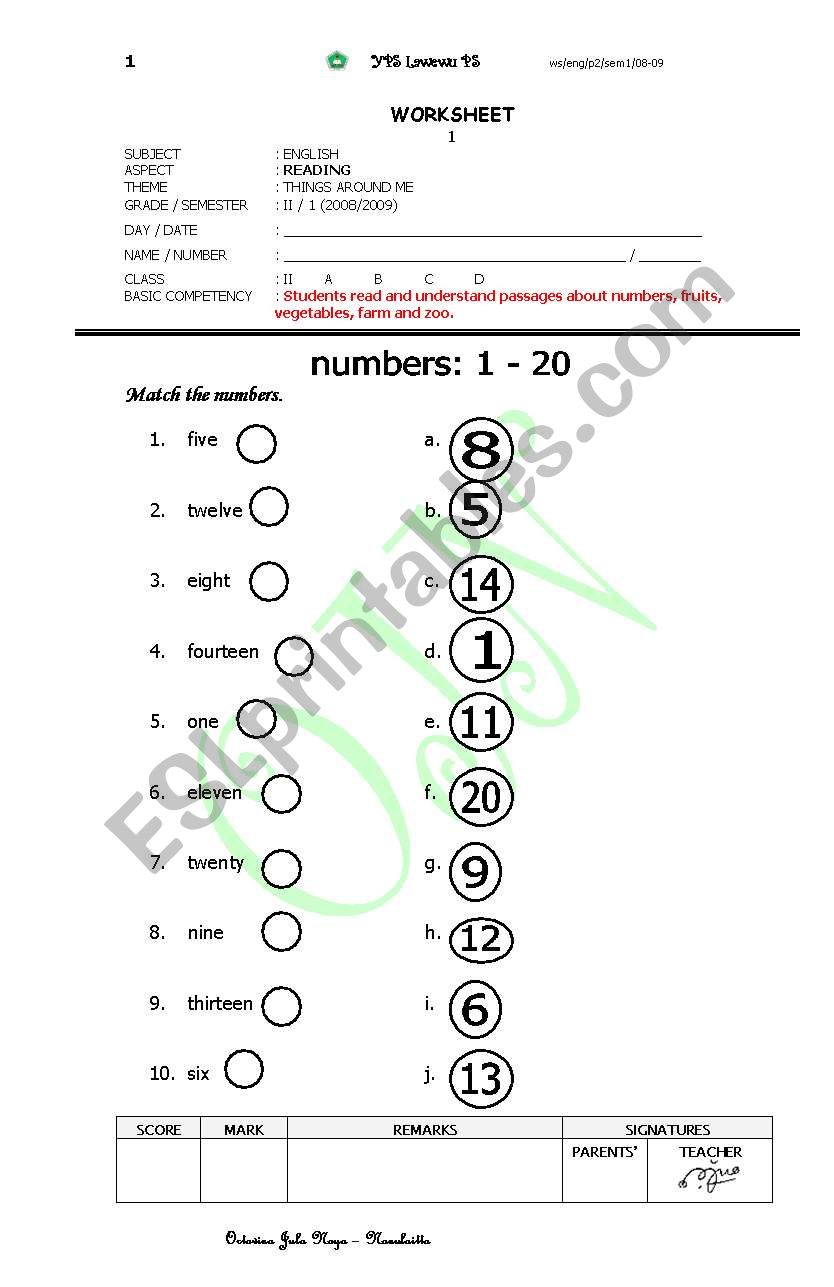 NUMBER 1 - 20 worksheet