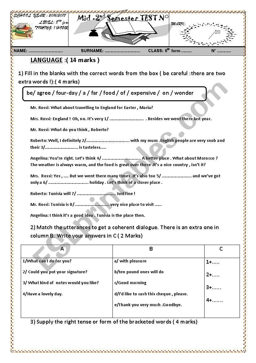 mid 2nd semester test n 2 worksheet