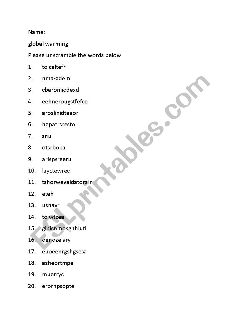 global warming vocabulary worksheet