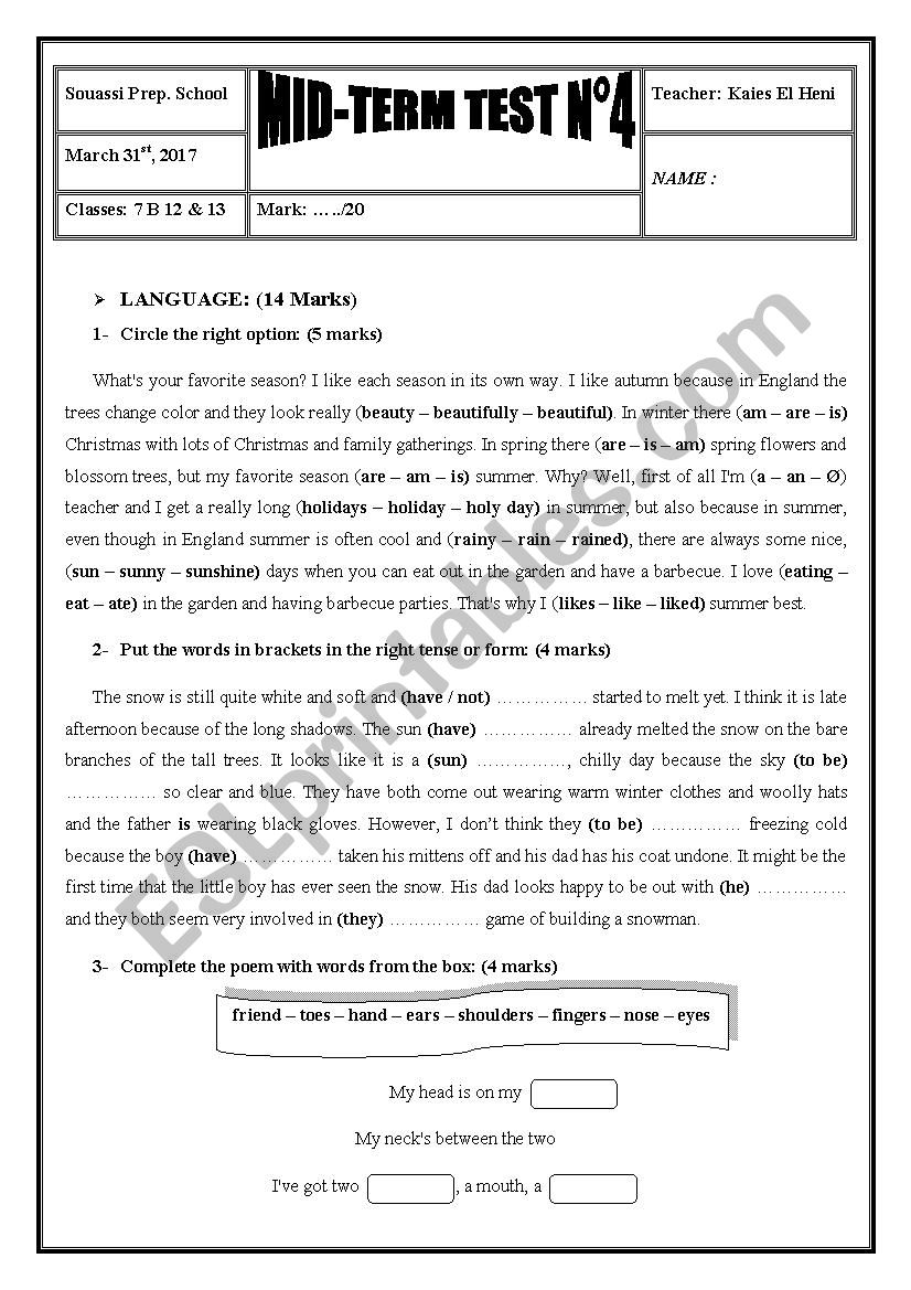 2016 / 2017 7th Form Mid-Term Test 4