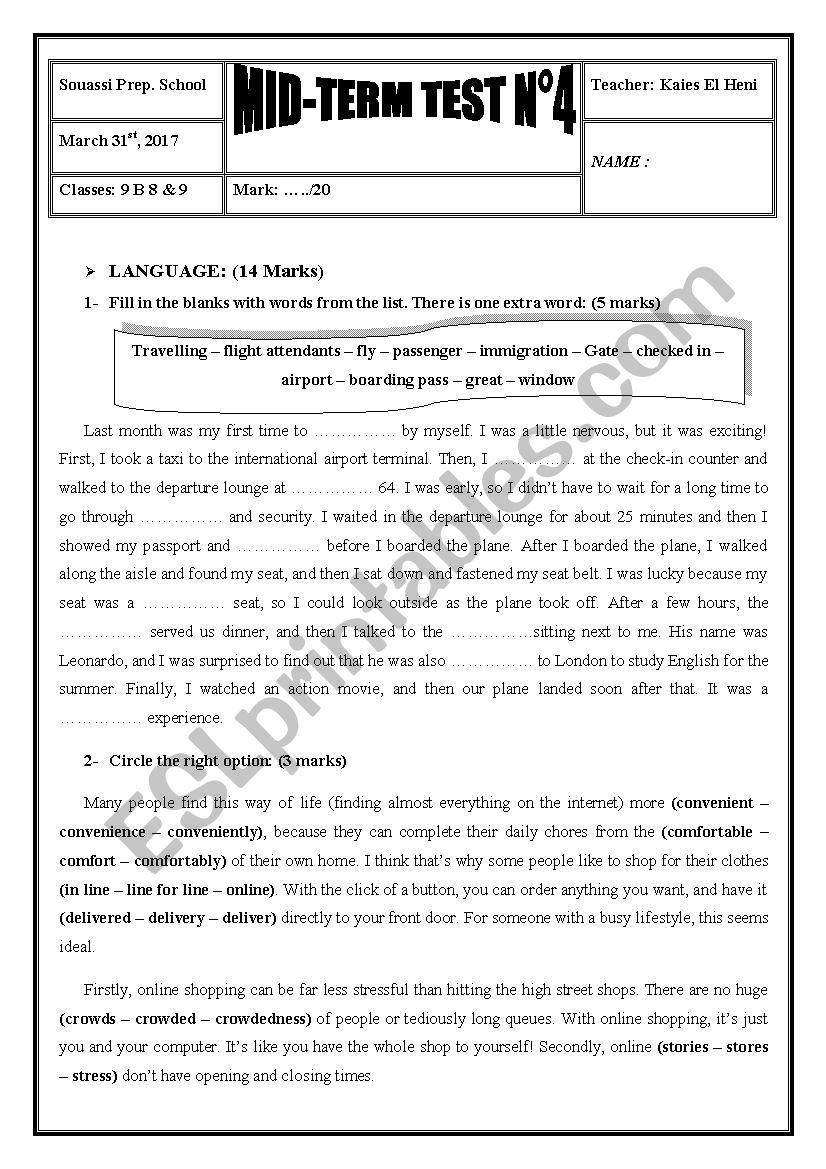 2016 / 2017 9th Form Mid-Term Test 4