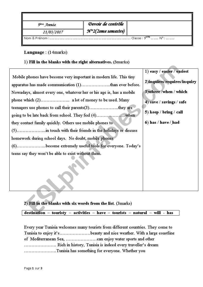 mid-semester test n2 9th form worksheet