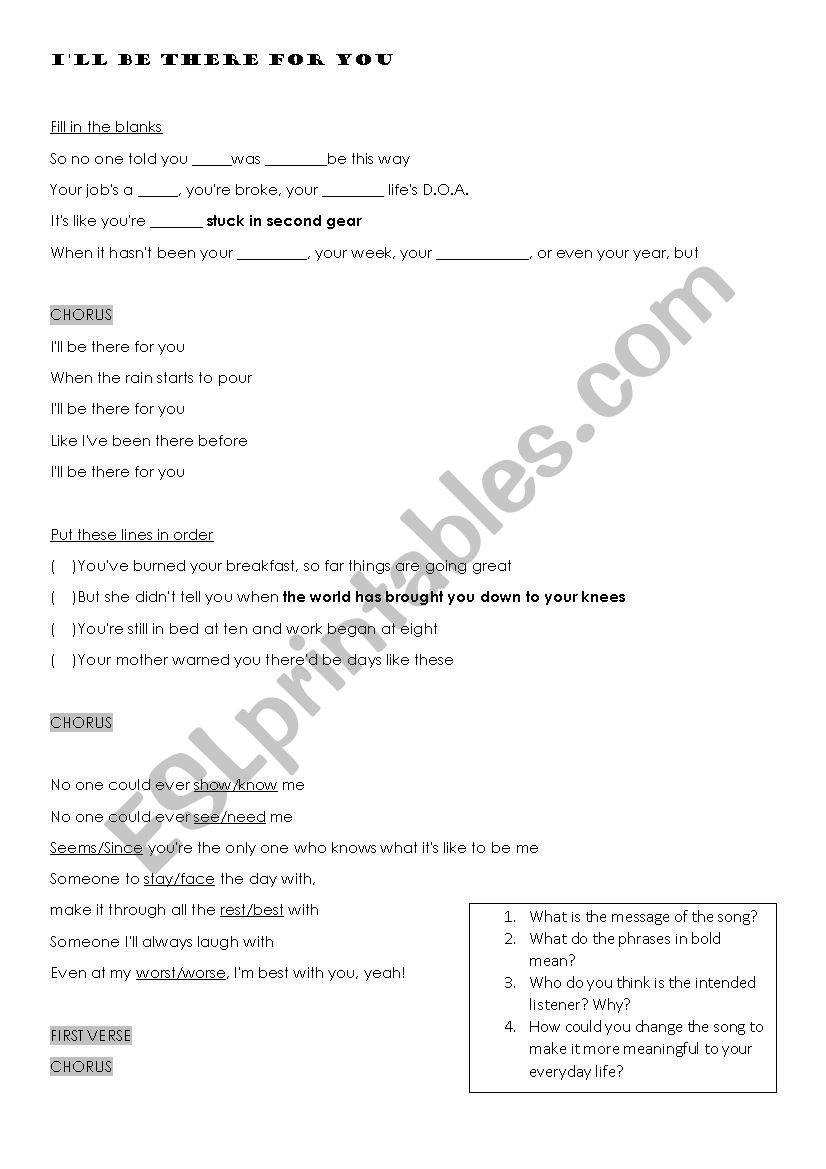 IÂ´ll be there for you worksheet