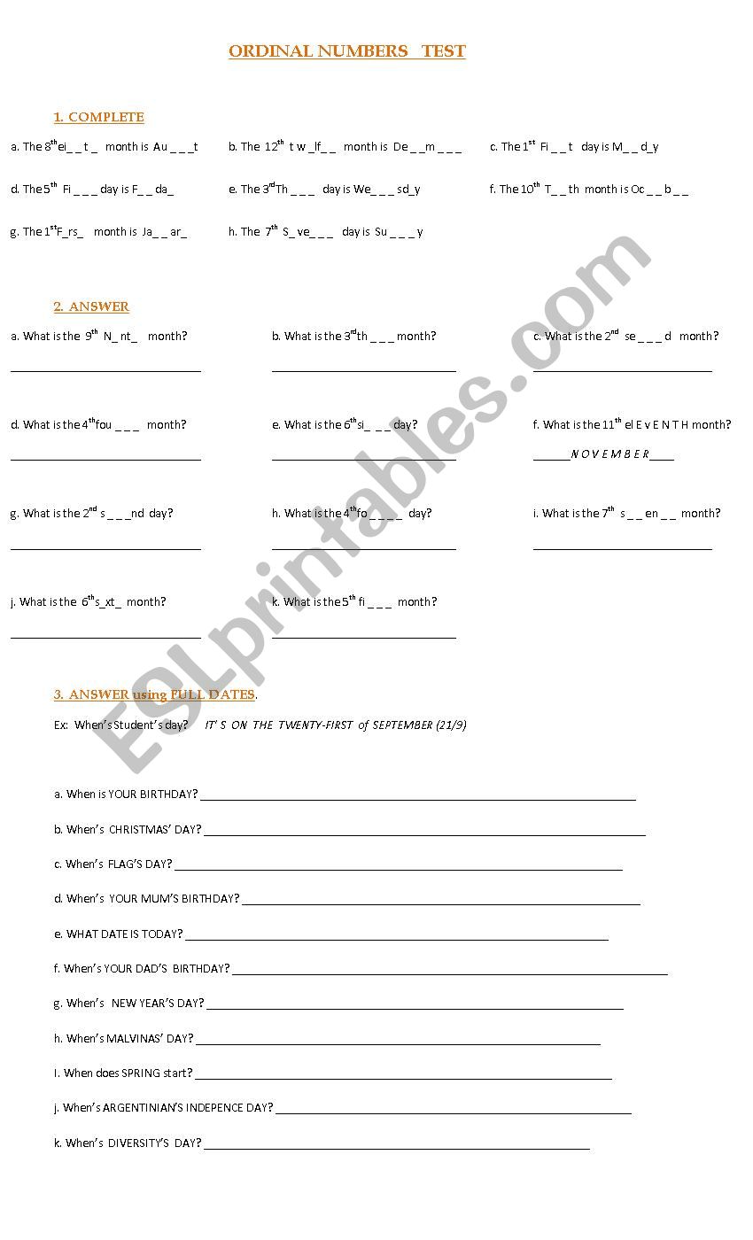 Ordinal numbers and dates worksheet