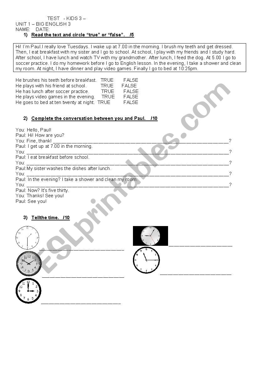 TEST. EVERYDAY ACTIVITIES & TELLING THE TIME