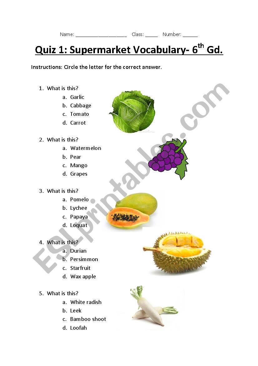 Supermarket Items worksheet