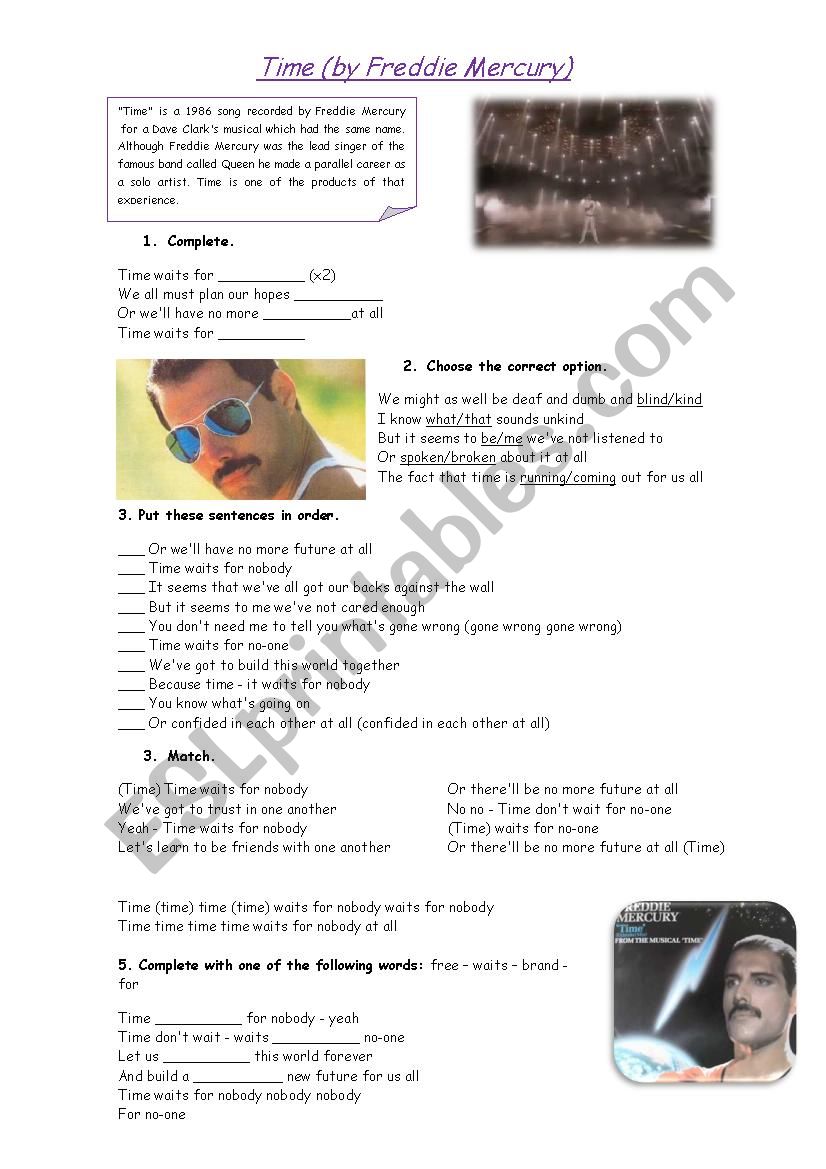 Time by Freddie Mercury worksheet