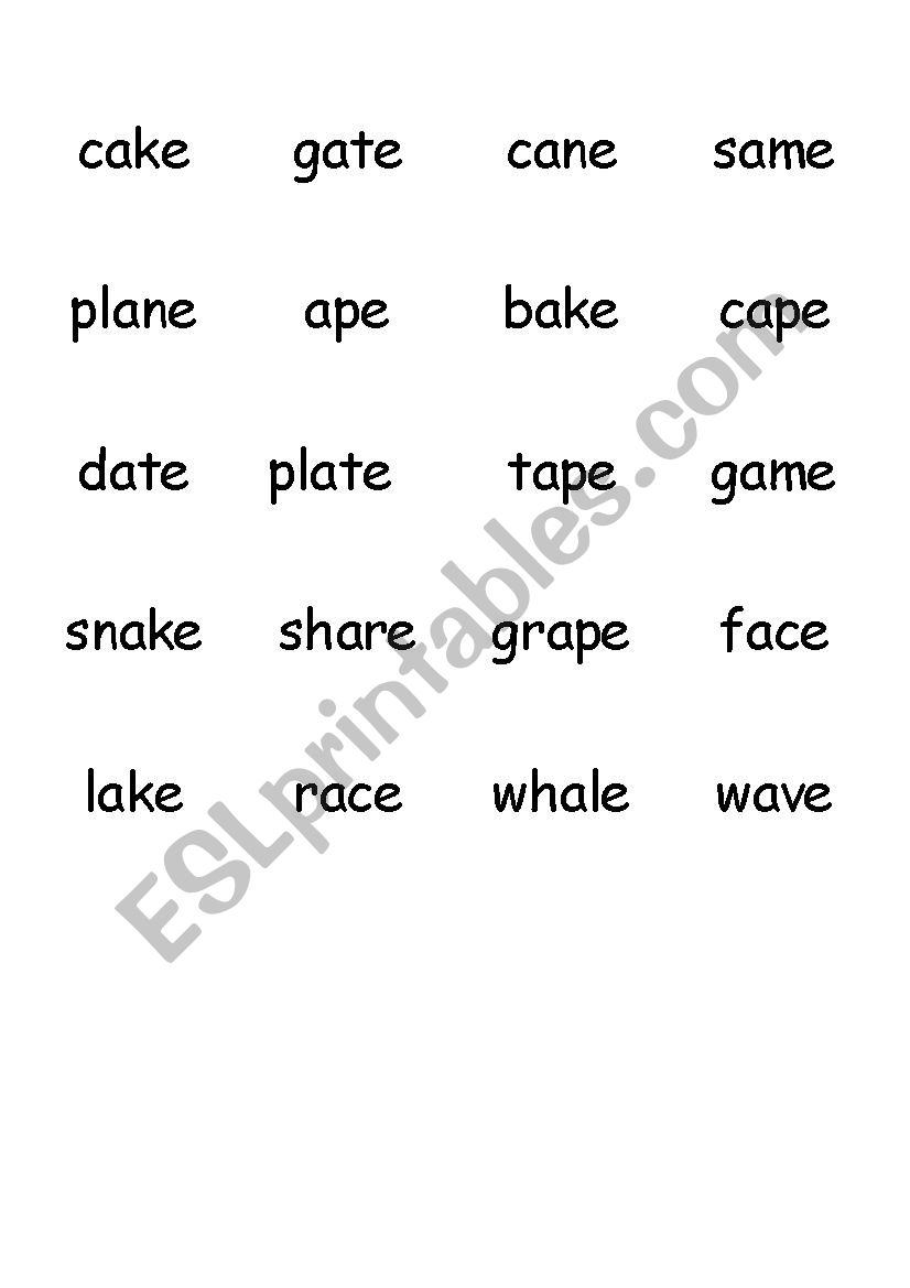 Long A (-a-e) Flash cards worksheet
