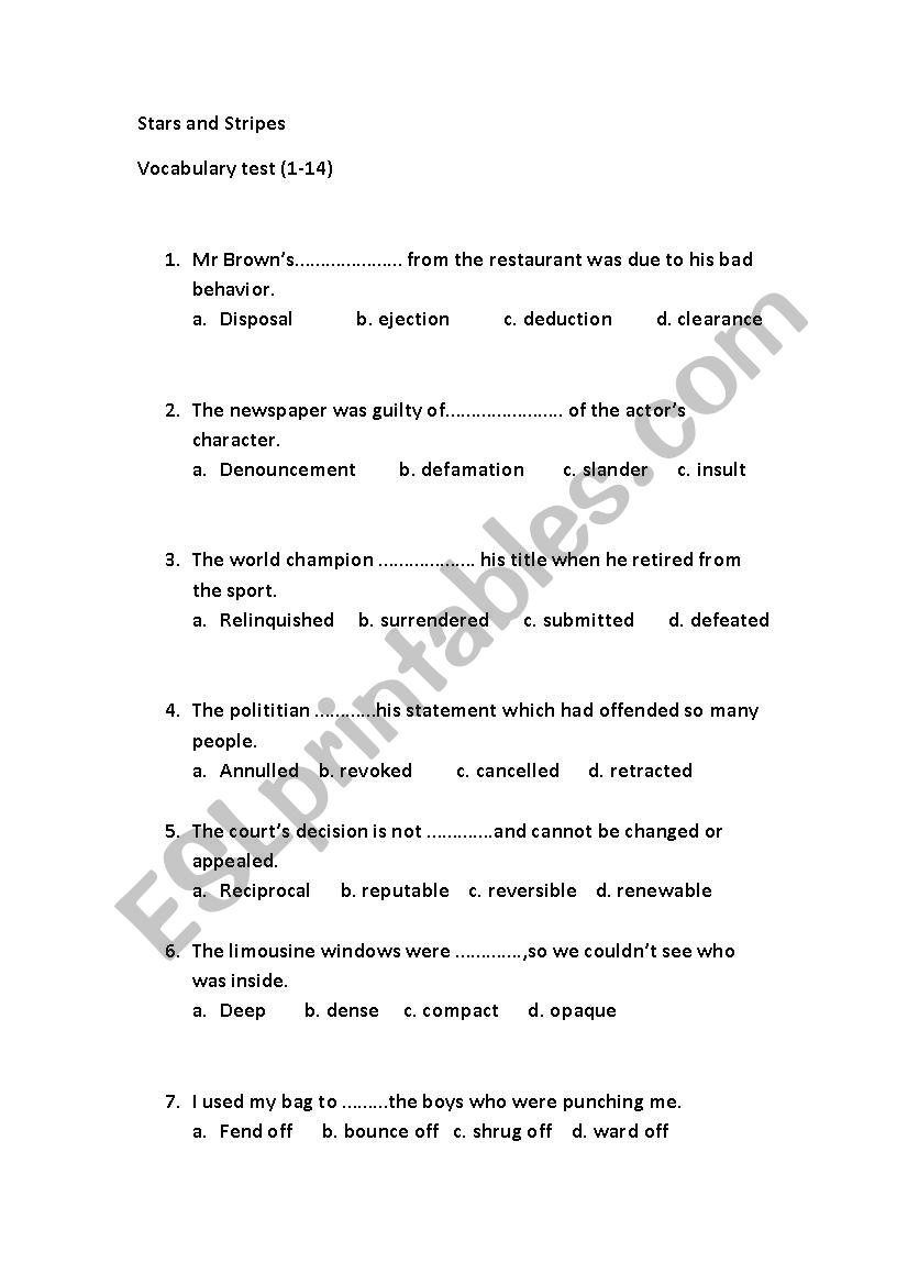 Vocabulary test worksheet