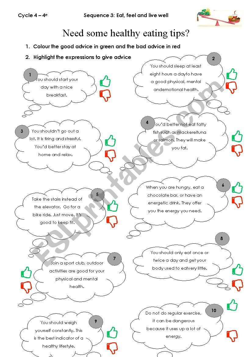 Healthy eating tips worksheet