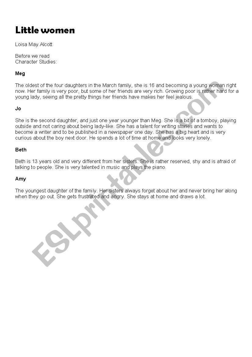 Little Women reading, Ch 1 worksheet