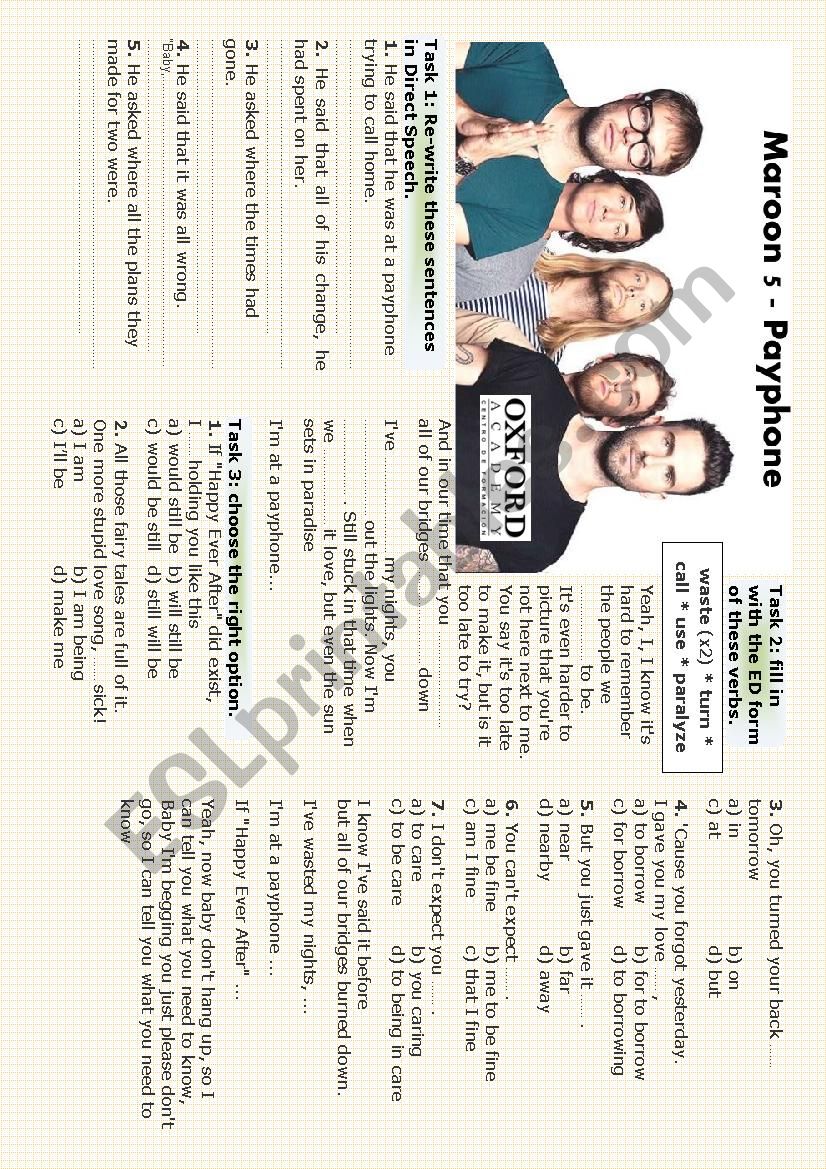 Maroon 5 - Payphone worksheet