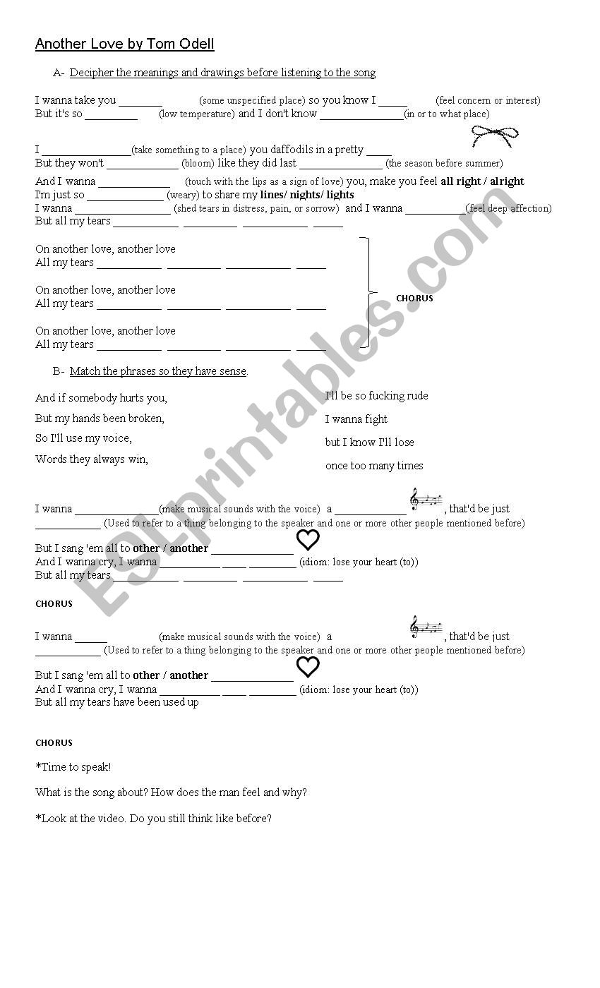 Another Love by Tom Odell worksheet