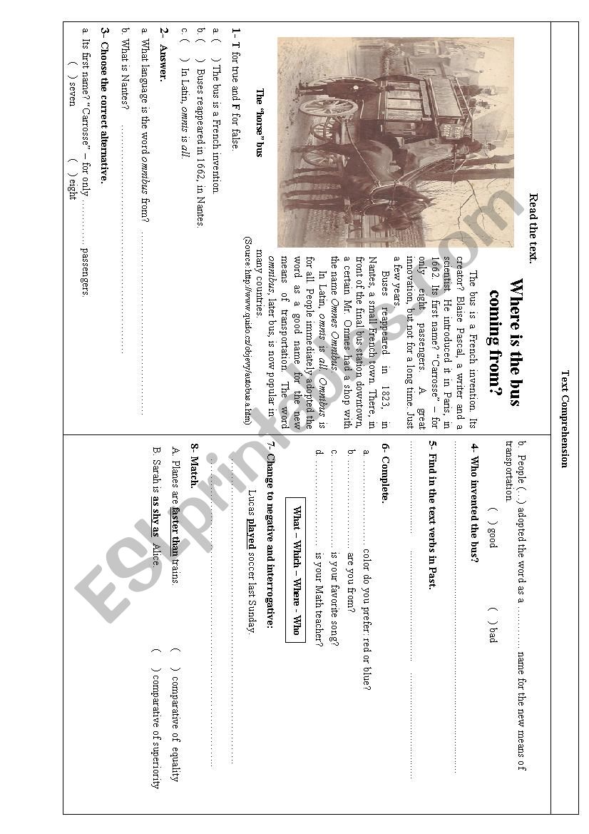 Where is the bus coming from? worksheet