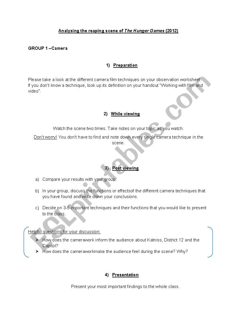 Analyzing the reaping scene in the Hunger Games - Observation worksheets