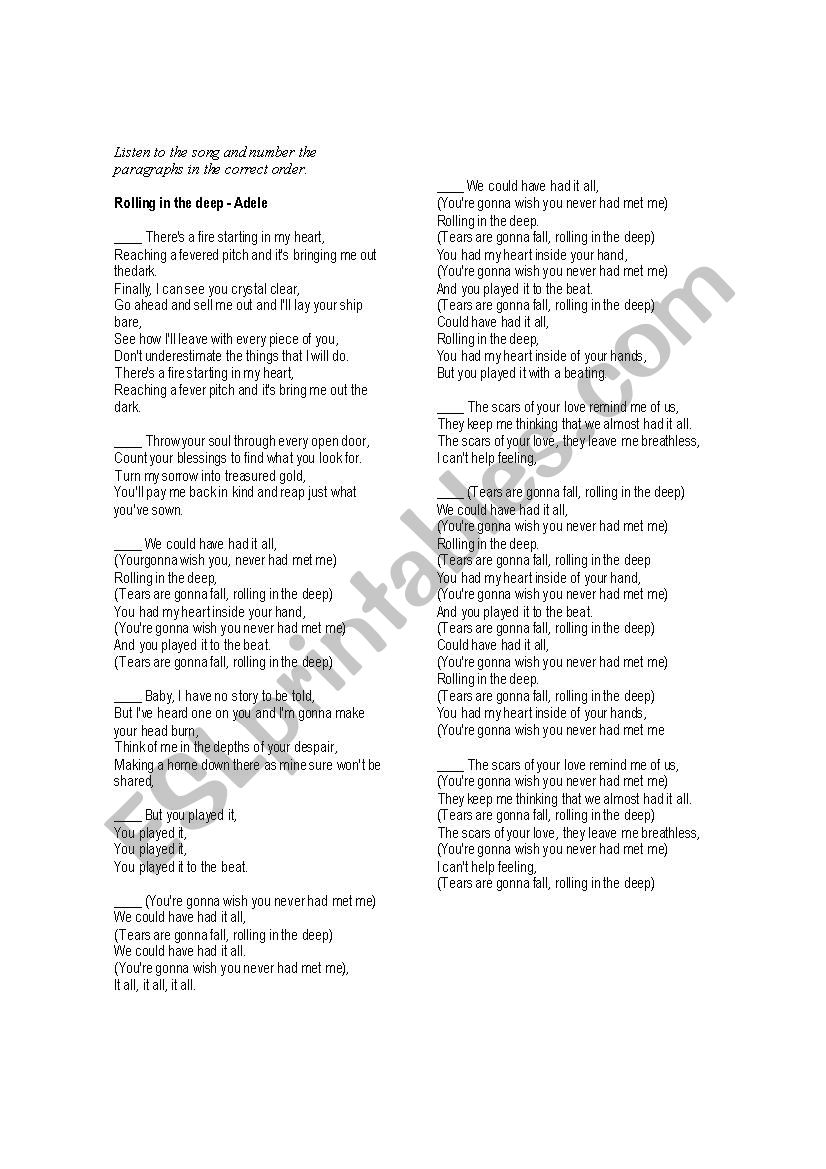 Adele song, listen and number the paragraphs in the correct order