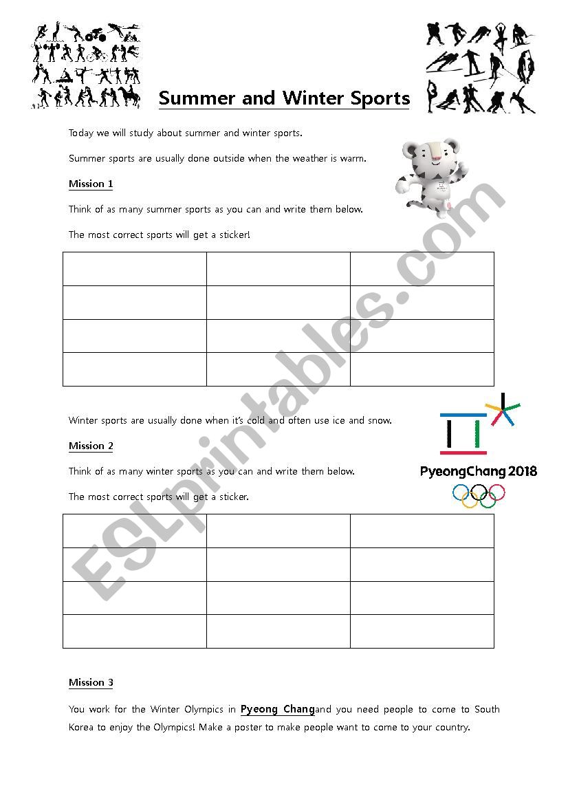 Summer and Winter sports worksheet