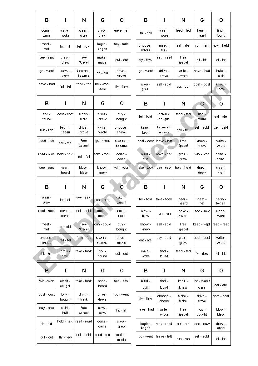 Bingo cards for simple past form of irregular verbs