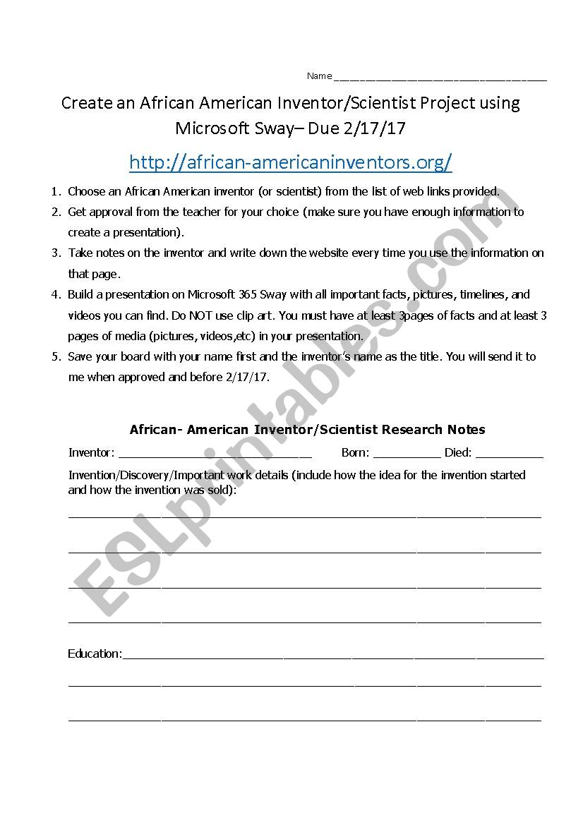 Black inventor SWAY worksheet