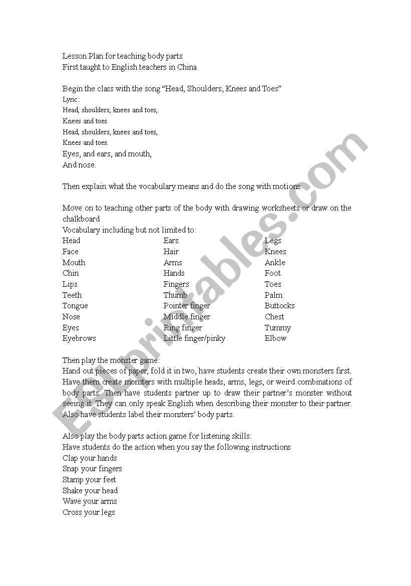 Body parts lesson plan worksheet