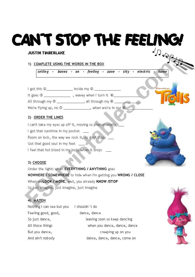 SONG "CAN´T STOP THE FEELING" (JUSTIN TIMBERLAKE) ESL worksheet by