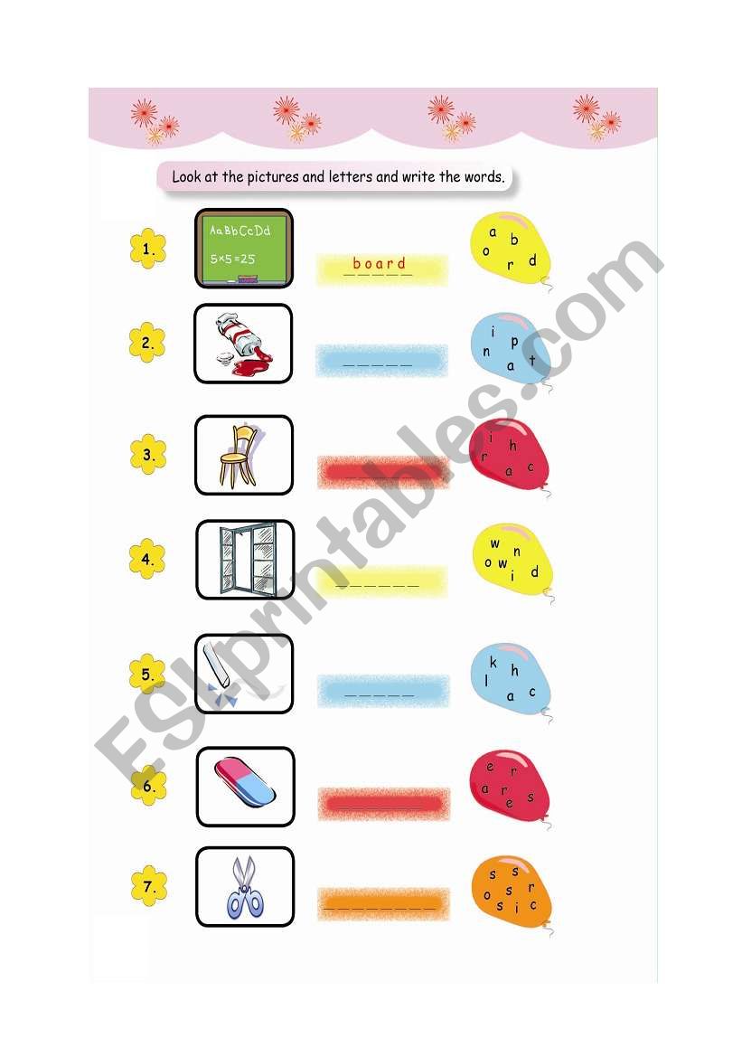 school objects worksheet
