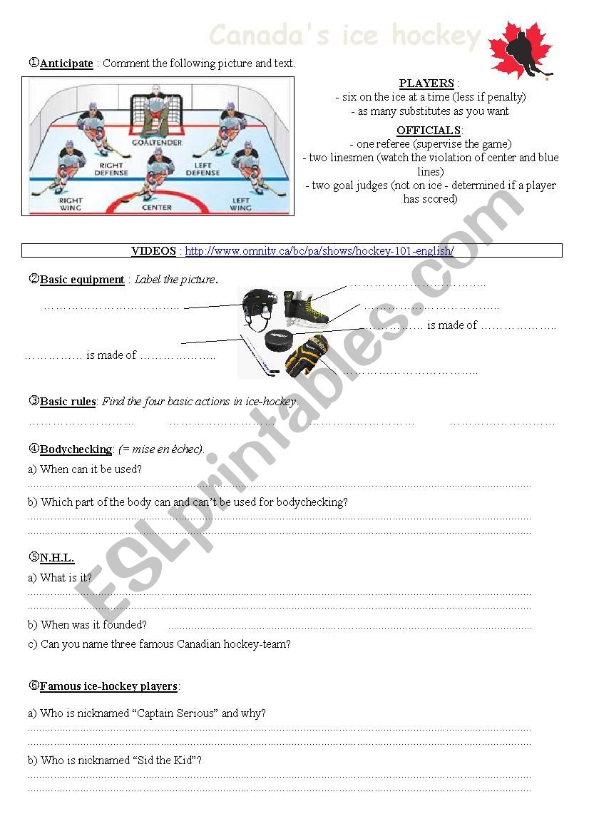 Canadas ice-hockey worksheet
