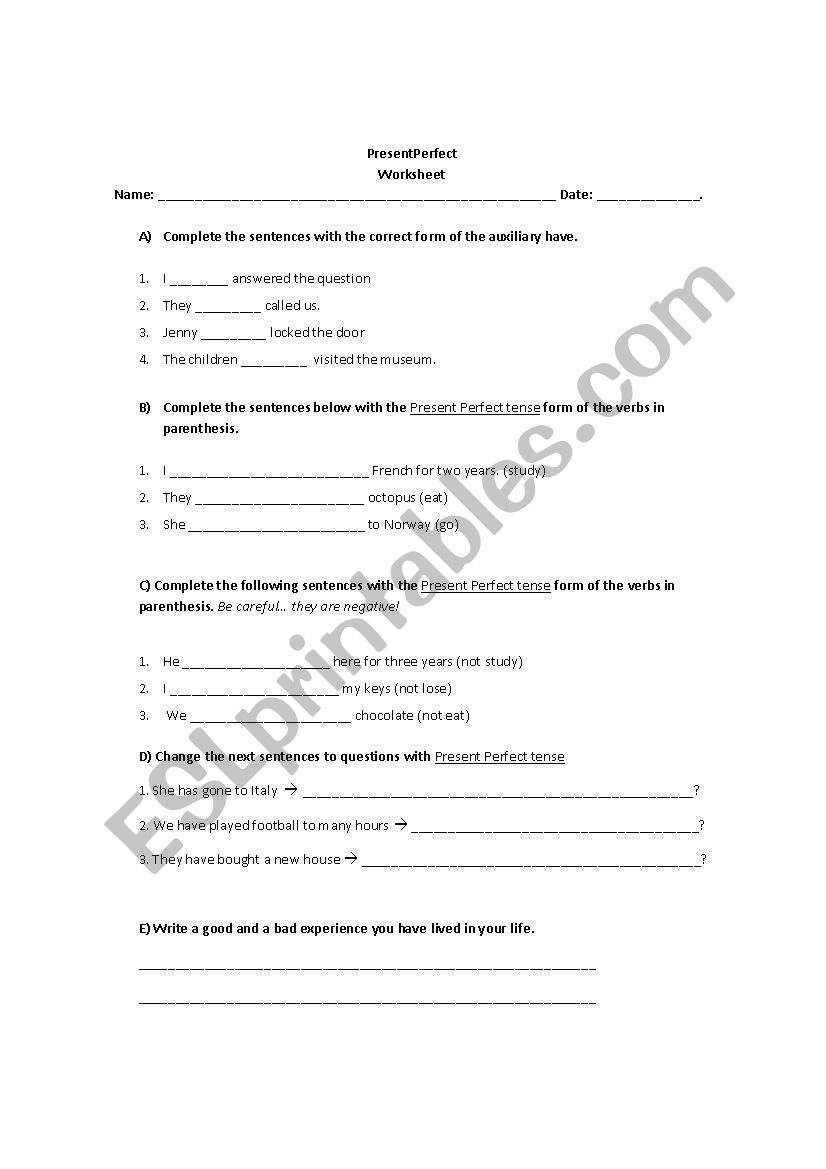 Present Perfect Worksheet worksheet