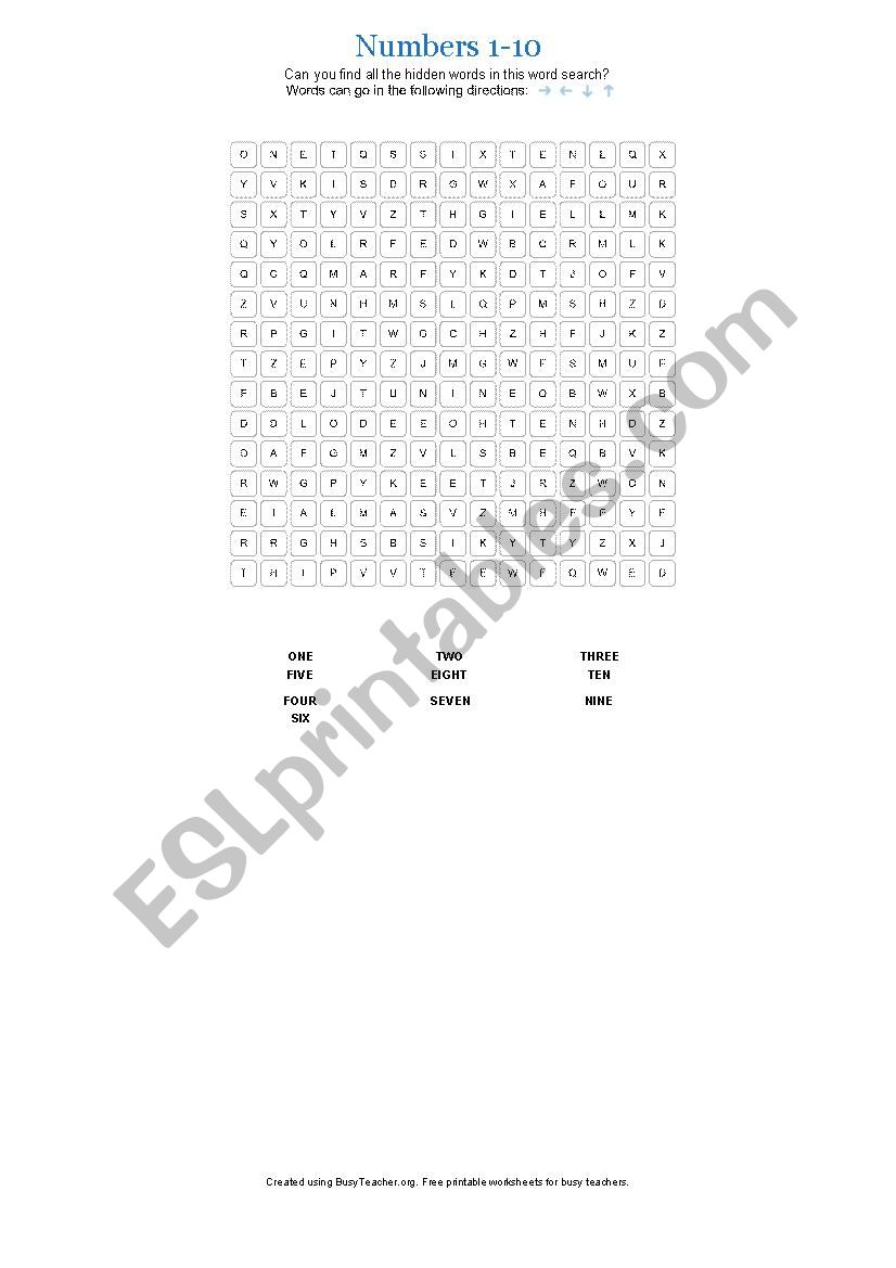 Numbers 1-10 Word Search worksheet