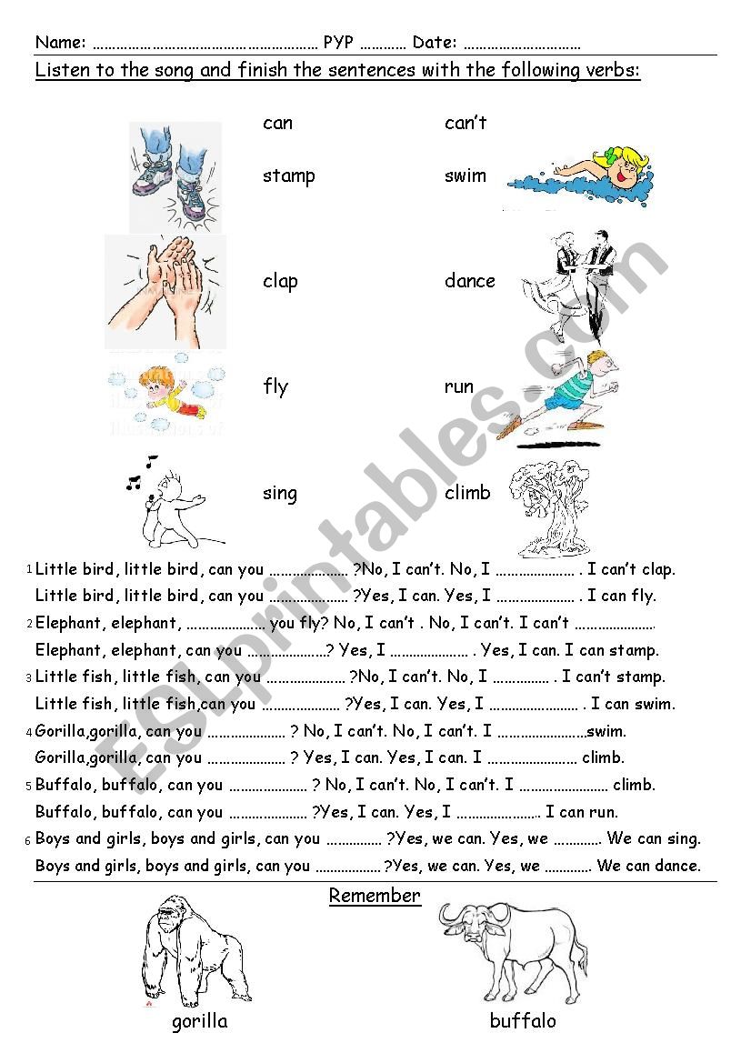 A listening worksheet about what some animals can do + video